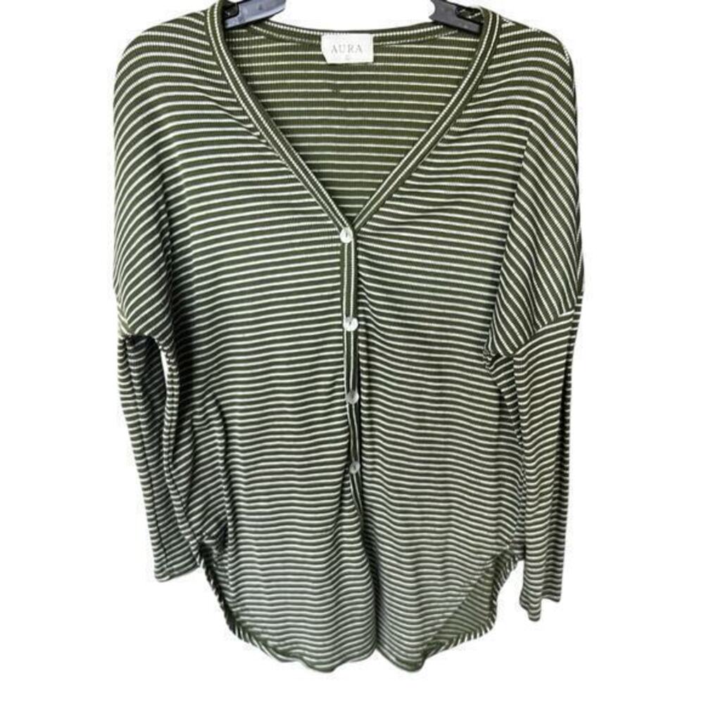 AURA The label Green ribbed striped Beachy cardigan oyster shell buttons Sz L